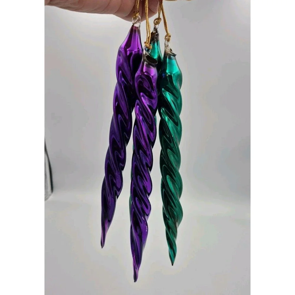 Vintage  4 Hand Blown Glass Swirl Icicle Christmas Ornmnts Green Purple M/Egypt